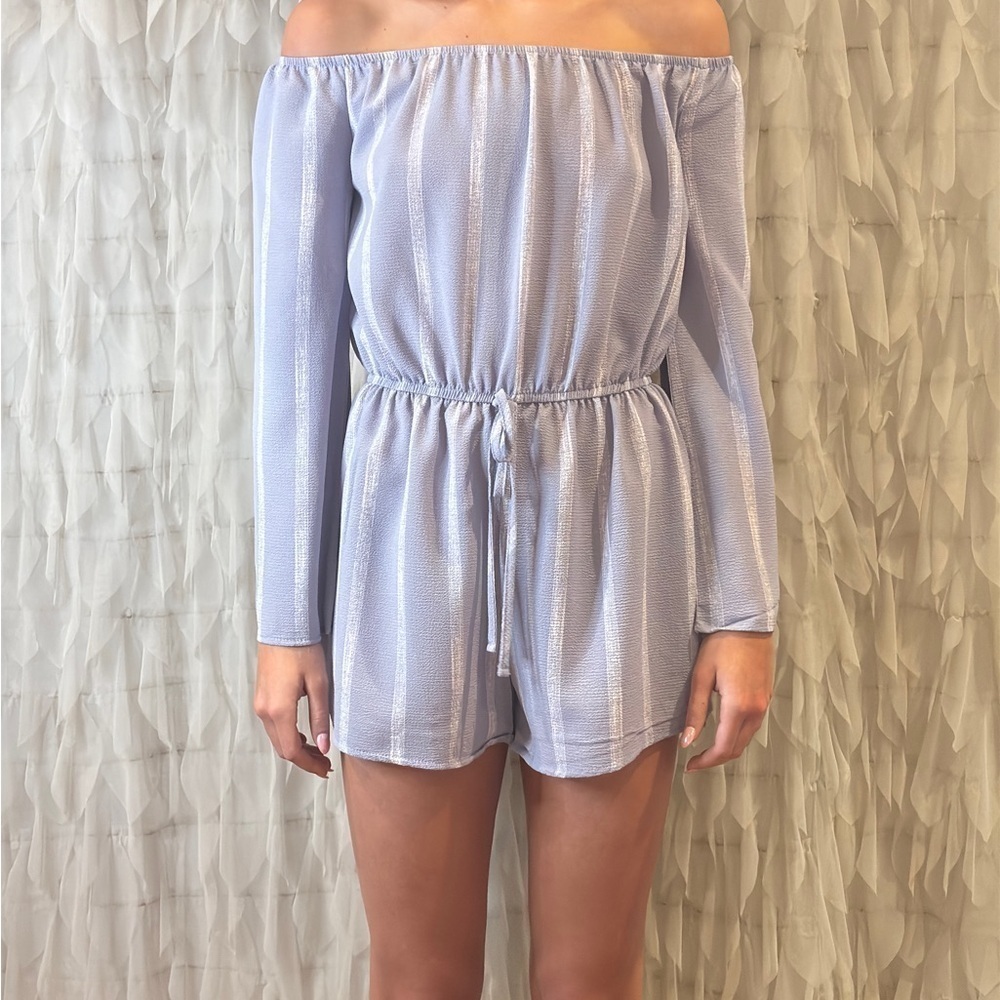 Rue 21 Light Blue Off Shoulder Romper | Long Sleeve Elastic Waist | Size S - Picture 2 of 7